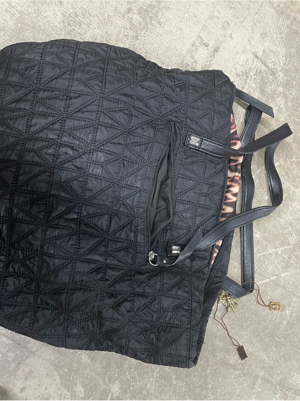 Quilted Black Shoulder Tote Bag with Leopard Trim